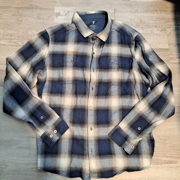 Kuhl The Law Flannel Shirt Mens Large Shadow Ombre Plaid Inside Pocket Flip Cuff - Picture 1 of 16